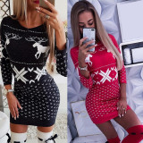 Autumn Christmas Print Long Sleeve Women's Bodycon Dress