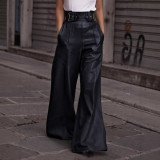 Fashion Women High Waist Loose Pocket Slim Waist Pu Leather Bell Bottom Casual Pants