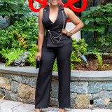 Women's Turndown Collar Sexy Fashion Chain Casual Wide Leg Africa Jumpsuit