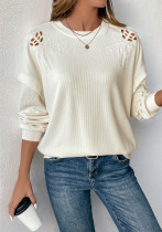 Round Neck Casual Long Sleeve Hollow Texture Pullover Patchwork Top