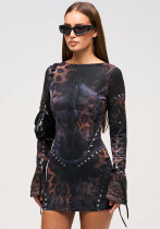 Women's Fashion Print Slim Long Sleeve Bodycon Short Dress