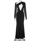 Women's Sexy Solid Color Hollow Slash Shoulder Patchwork Long Sleeve Dress
