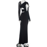 Women's Sexy Solid Color Hollow Slash Shoulder Patchwork Long Sleeve Dress