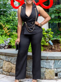 Women's Turndown Collar Sexy Fashion Chain Casual Wide Leg Africa Jumpsuit