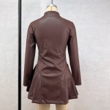 Women's Fashion Slim Fit Long Sleeve Zipper Pleated Pu Leather Dress