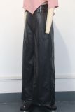 Fashion Women High Waist Loose Pocket Slim Waist Pu Leather Bell Bottom Casual Pants
