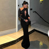 Women's Sexy Solid Color Hollow Slash Shoulder Patchwork Long Sleeve Dress