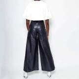 Fashion Women High Waist Loose Pocket Slim Waist Pu Leather Bell Bottom Casual Pants