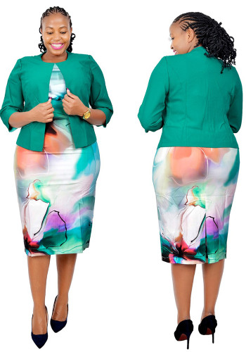 African Plus Size Women's Print Dress Coat Career Two-Piece Set
