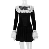 Autumn Fashion Sexy Chic Lace Velvet Long Sleeve A-Line Dress