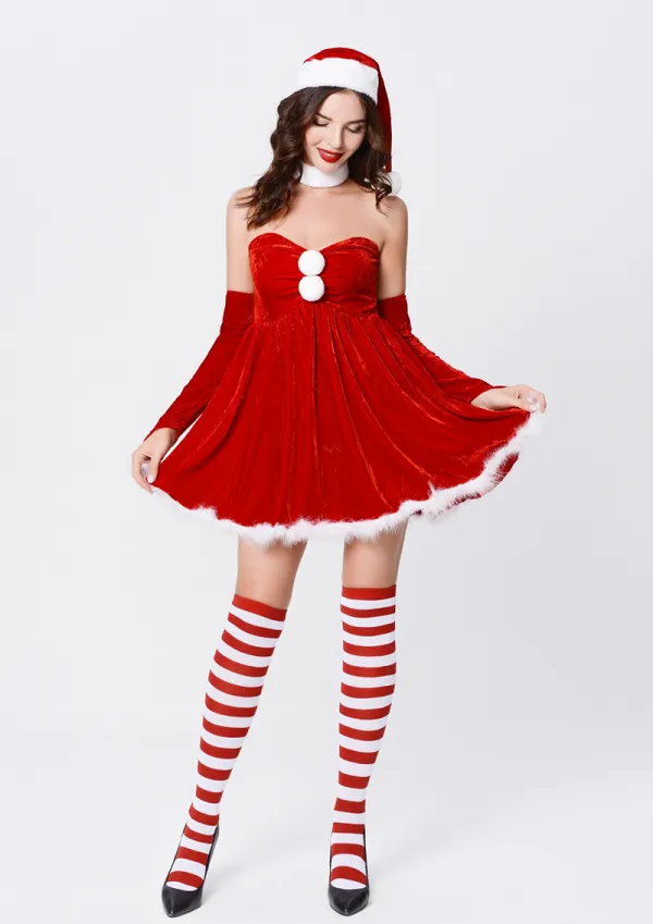 Christmas Uniform Party Costume Red Strapless A-Line Dress