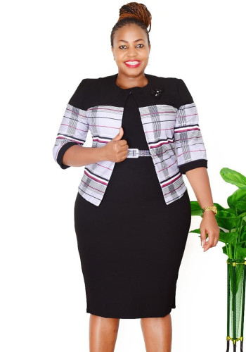 African Plus Size Women's Autumn Coat Dress Career Two-Piece Set