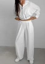 Women Autumn and Winter White Casual knitting velvet Hooded Long Sleeve Top and Pants Two Piece Set