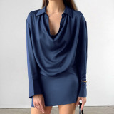 Women Autumn and Winter Elegant Blue Satin Irregular Long Sleeve Dress