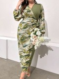 Plus Size Women V-Neck Printed Long Sleeve Colorblock Dress