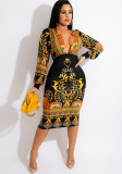 Women autumn and winter long sleeve v-neck printed dress