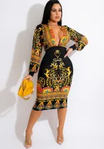 Women autumn and winter long sleeve v-neck printed dress