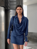 Women Autumn and Winter Elegant Blue Satin Irregular Long Sleeve Dress