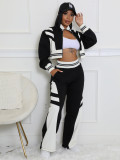 Women autumn and winter high collar zipper Top and Contrast Color trousers Two Piece Set
