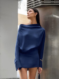Women Autumn and Winter Elegant Blue Satin Irregular Long Sleeve Dress