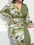 Plus Size Women V-Neck Printed Long Sleeve Colorblock Dress