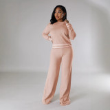 Women Fall and Winter Casual Long Sleeve Knitting Top Wide Leg Pants Two Piece Set