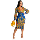 Women autumn and winter long sleeve v-neck printed dress