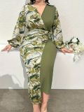 Plus Size Women V-Neck Printed Long Sleeve Colorblock Dress