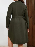 Plus Size Women Solid Casual Long Sleeve Turndown Collar Waist Button Dress