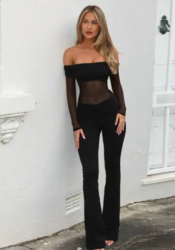 Women autumn mesh Patchwork Off Shoulder Long Sleeve Jumpsuit