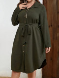 Plus Size Women Solid Casual Long Sleeve Turndown Collar Waist Button Dress