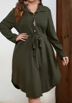 Plus Size Women Solid Casual Long Sleeve Turndown Collar Waist Button Dress