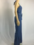 Women Sexy Denim Jumpsuit with Belt