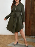 Plus Size Women Solid Casual Long Sleeve Turndown Collar Waist Button Dress