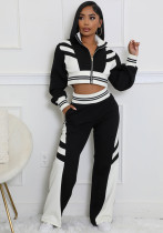Women autumn and winter high collar zipper Top and Contrast Color trousers Two Piece Set