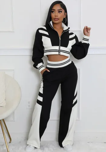 Women autumn and winter high collar zipper Top and Contrast Color trousers Two Piece Set