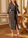 Plus Size Women Autumn Leopard Colorblock Lace-Up Slit Dress