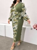 Plus Size Women V-Neck Printed Long Sleeve Colorblock Dress