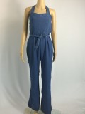 Women Sexy Denim Jumpsuit with Belt