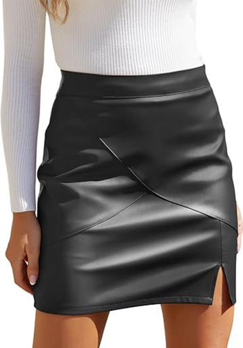 High Waist Tight Fitting Mini Short Leather Skirt