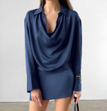 Women Autumn and Winter Elegant Blue Satin Irregular Long Sleeve Dress