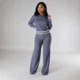 Women Fall and Winter Casual Long Sleeve Knitting Top Wide Leg Pants Two Piece Set