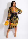 Women autumn and winter long sleeve v-neck printed dress