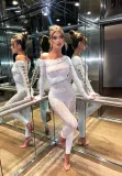 Sexy One-Piece Long-Sleeved Beaded Shiny Mesh Sexy Jumpsuit