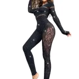 Sexy One-Piece Long-Sleeved Beaded Shiny Mesh Sexy Jumpsuit