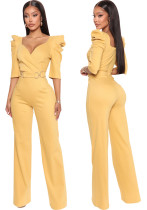 Sexy Fashion Solid Color Three-Quarter Sleeve V-Neck Jumpsuit Women's Clothing