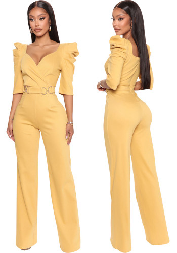 Sexy Fashion Solid Color Three-Quarter Sleeve V-Neck Jumpsuit Women's Clothing