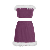 Christmas Sexy Pajamas Feather Strapless Nightclub Skirt Set
