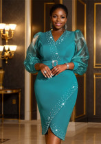 Fashion V-Neck See-Through Puff Sleeve High Waist Midi Dress