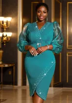 Fashion V-Neck See-Through Puff Sleeve High Waist Midi Dress